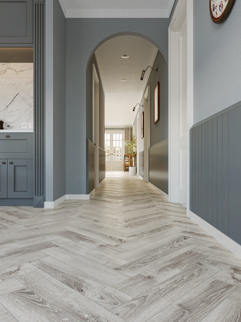 Кварцвиниловый SPC ламинат Cronafloor Herringbone Дуб Страсбург H005 венгерская елка 640×128×4,5 фото в интерьере